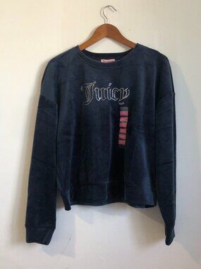 NEW Juicy Couture Navy Velour Logo Sweatshirt with Sparkle Embellishment